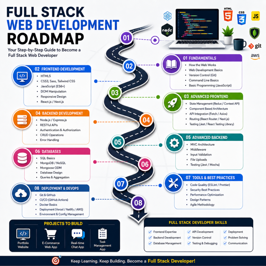 Full stack web development learning path from frontend to backend