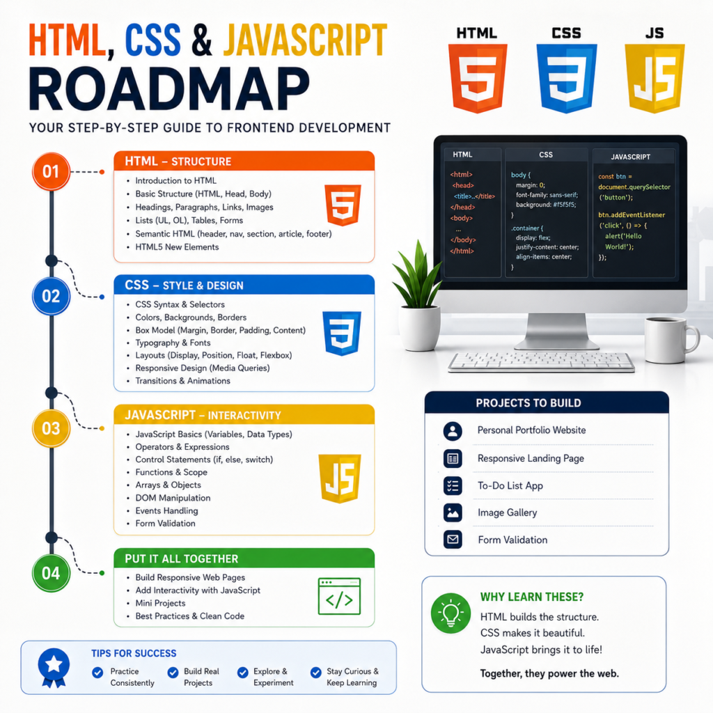 HTML CSS and JavaScript learning roadmap for beginners