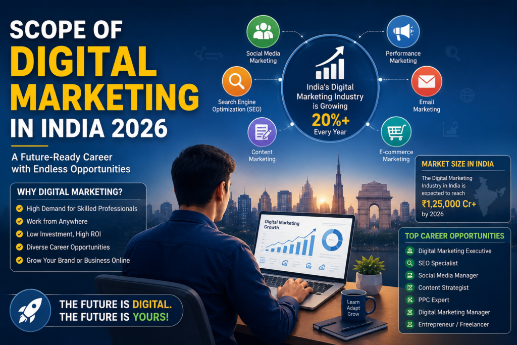 Scope of Digital Marketing in India in 2026 showing career growth, AI-powered marketing, SEO, Google Ads, social media marketing, and digital business opportunities.