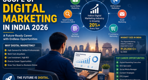 Scope of Digital Marketing in India in 2026 showing career growth, AI-powered marketing, SEO, Google Ads, social media marketing, and digital business opportunities.
