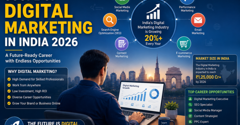 Scope of Digital Marketing in India in 2026 showing career growth, AI-powered marketing, SEO, Google Ads, social media marketing, and digital business opportunities.