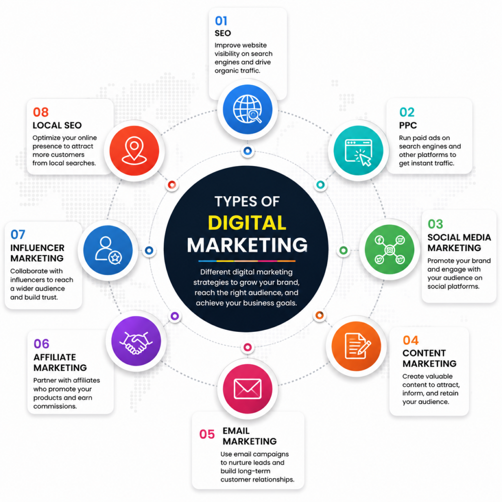 Types of digital marketing including SEO PPC social media content and email marketing