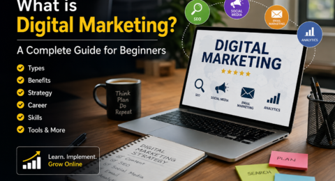 What is Digital Marketing? Complete beginner's guide showing SEO, Google Ads, Social Media Marketing, Email Marketing, Analytics, and Digital Marketing strategy.