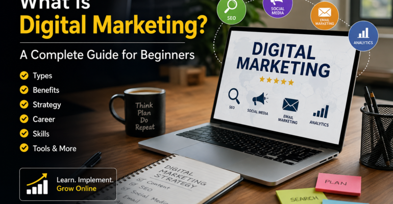 What is Digital Marketing? Complete beginner's guide showing SEO, Google Ads, Social Media Marketing, Email Marketing, Analytics, and Digital Marketing strategy.