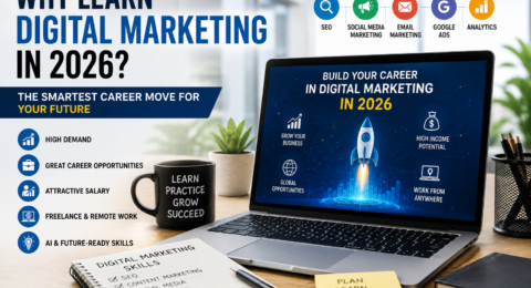 Student learning Digital Marketing in 2026 using AI tools, SEO, Google Ads, Social Media Marketing, and analytics.